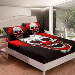 Horror Clown Fitted Sheet,Skull Pattern Bedding Set,Halloween Themed Bed Sheet Set,Bedroom Decor Scary Clown Pattern Bed Cover Queen Size