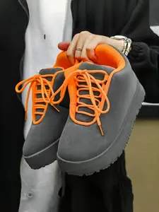 Men's Yellow-Orange Color-Block Platform Casual Shoes, Dynamic Cool Style, Suede Material + Platform Non-Slip Sole + Contrast Details, Color-Block Eye-Catching, Bright Style , Ideal for Daily Outfits & Street Leisure Scenarios