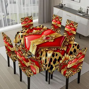 5/7-piece 2D Flat Printing Red and Gold Heart Decoration Printing Pattern Tablecloth and Chair Cover Set, for dining table and chair decoration, perfect for home, holiday gatherings, restaurants, and parties.