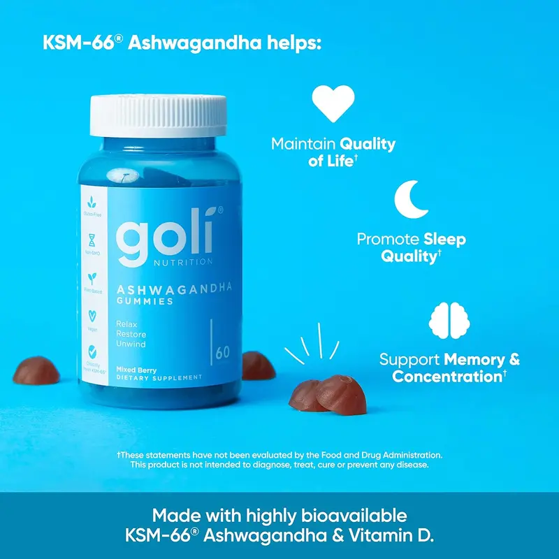 Goli Ashwagandha & Vitamin D Gummy - Mixed Berry, KSM-66, Vegan, Plant Based, Non-GMO, Gluten-Free & Gelatin Free. America's #1 Ashwagandha Brand 2
