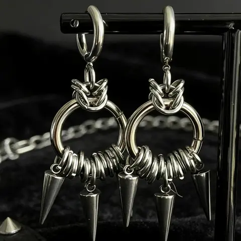 Oufer Unisex 2Pcs Linked Chain Grunge Punk Funky Spike Dangle Hoop Earrings - Stainless Steel Chunky Stacking Set, Alternative Style Jewelry for Women, Unique and Fun Daily Accessories