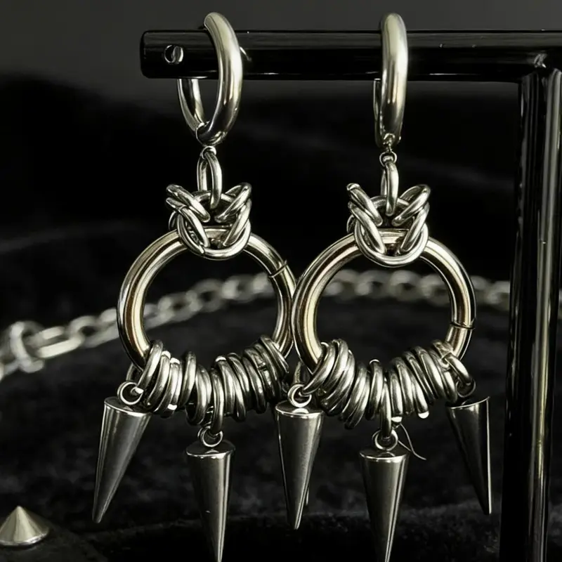 Oufer Unisex 2Pcs Linked Chain Grunge Punk Funky Spike Dangle Hoop Earrings - Stainless Steel Chunky Stacking Set, Alternative Style Jewelry for Women, Unique and Fun Daily Accessories