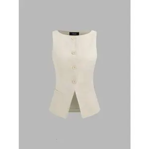 CIDER Woven Boat Neck Solid Button Vest