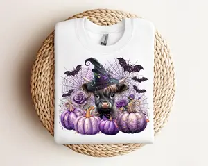 Baby Highland Cow Witch T-shirt Sublimation, 100% Cotton, Classic Fit T-shirts