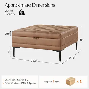 HULALA HOME Ottoman with Storage, 36.5" Large Square Ottoman Bench Coffee Table with 6 Pockets Inside, Upholstered Button Tufted Storage Living Room Table, Camel