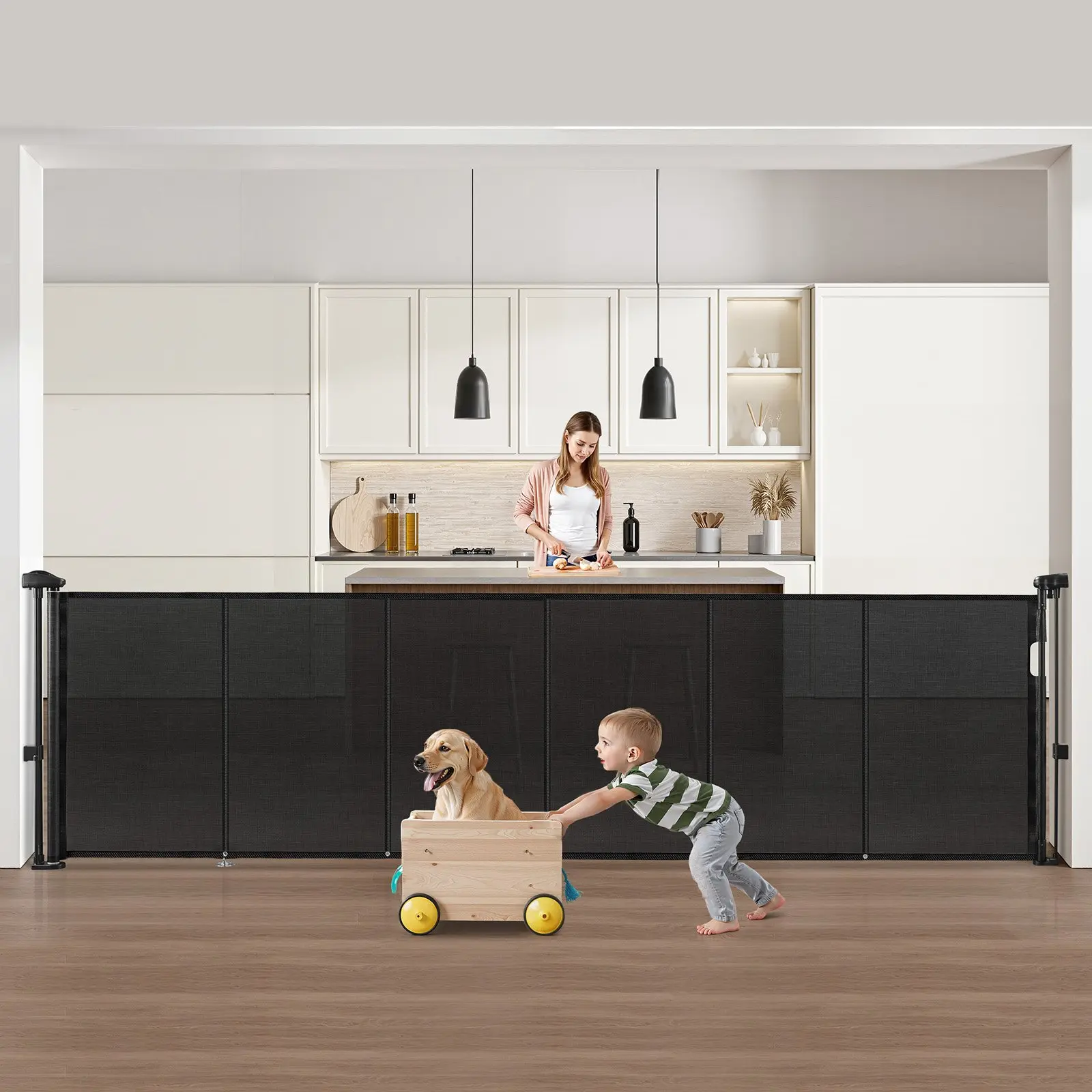 VEVOR Mesh Retractable Safety Barrier, 34 in Tall, Extends up to 110 in Wide, for Kids, Easy Install for Indoor Stairs, Doorways, Black