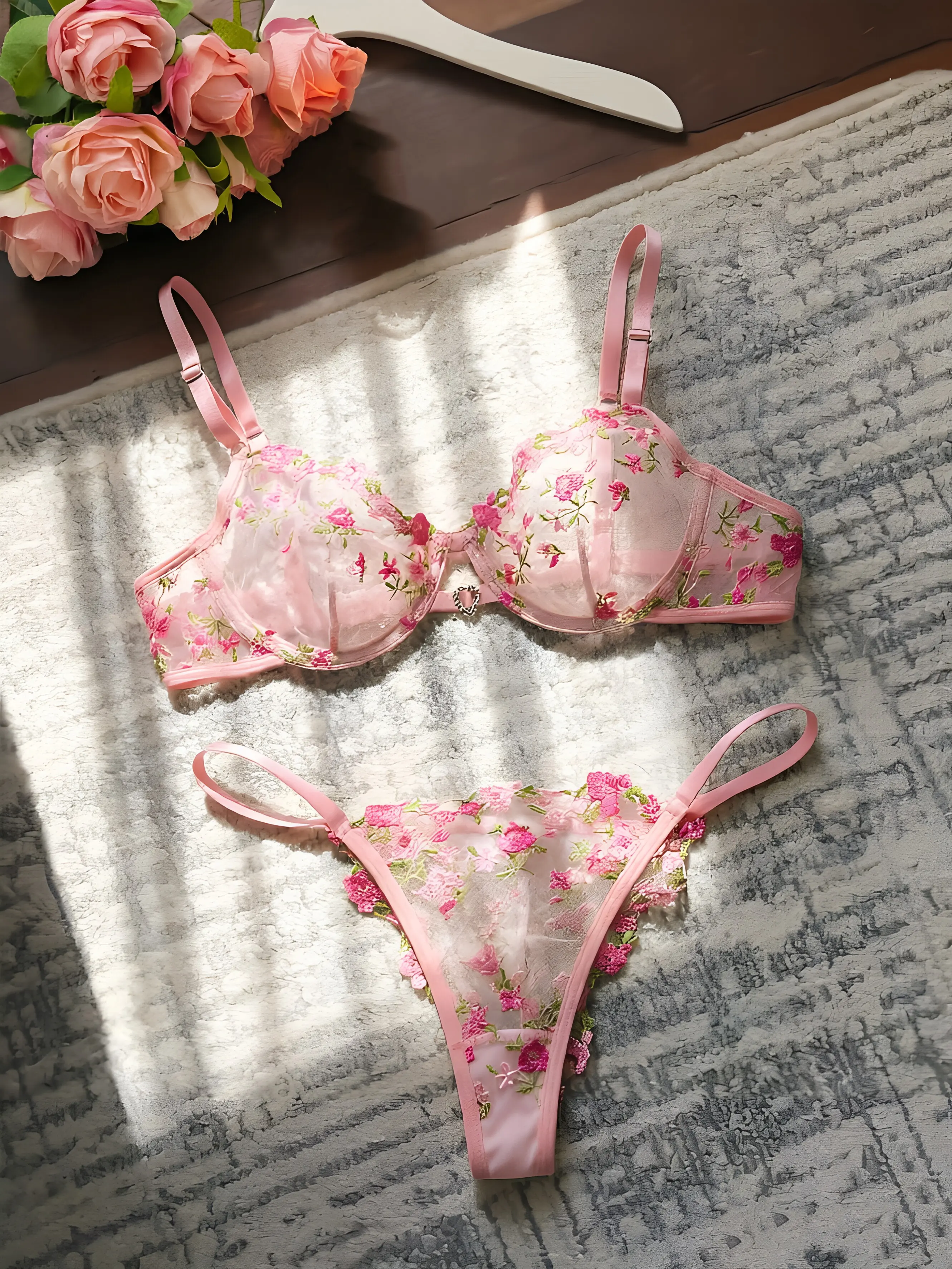 Pink Floral Embroidered Lingerie Set  Sexy Women Mesh Lingerie