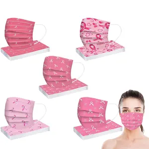 50 Pack Breast Cancer Awareness Disposable Face Masks, Pink Ribbon Printed 3 Ply Protective Face Masks for Women Adults, Breathable Soft Face Covers for Daily Use & Charity Events