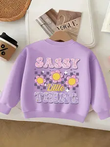 Girls' Fall Winter Long Sleeve Round Neck Sweatshirt, Cute Cartoon Floral Letter Print, Fitted Casual Kids Clothing