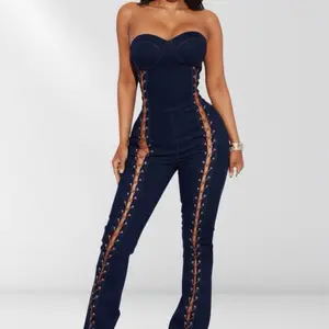 Lace Up Detail Denim Jumpsuit with Padded Bra Cups & Flare Legs for Comfortable All-Day Wear