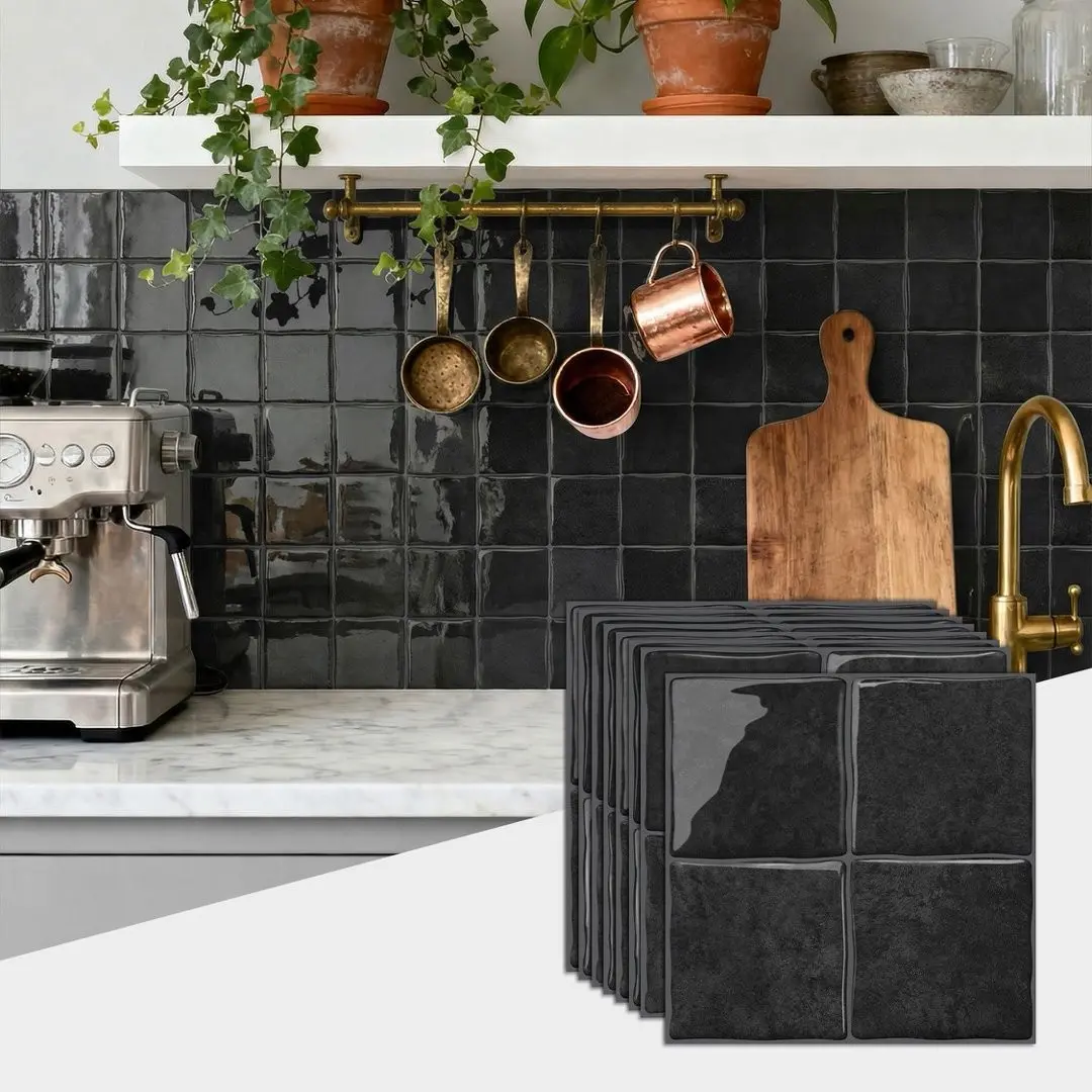 20/24 pieces black self-adhesive decorative wall tiles, classic black square tiles sticker - marble for kitchen, balcony, sink, bathroom, dining - 6x6 inches Decoration Sticker Waterproof Wall Sticker
