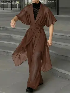 INCERUN Men's Transparent Solid Color Short Sleeve Top Long Pants Loose Two-Piece Set, Casual Summer, Comfortable and Stylish