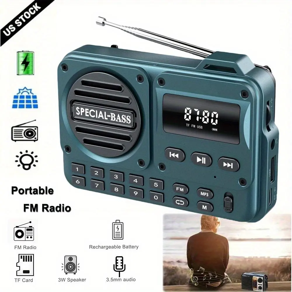 Pocket Radio FM USB-C Charging 2000mAh Rechargeable Excellent Reception Clear Speaker and Headphone Jack, LCD Screen, FM Radio for Walk/Jogging/Gym, Bluetooth/TF(NO AM) (Turquoise)