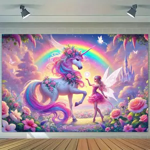 [1pc Unicorn Tapestry] Vibrant Polyester 1pc Enchanted Unicorn & Fairy Tapestry Backdrop |       Rainbow, Flowers, and Magical Forest Scene for Indoor/Outdoor Party Decor, Birthday, and Holiday Celebrations, Unicorn Birthday Party Supplies