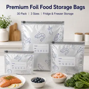 30-pack reusable aluminum foil food storage bags, three sizes of freezer storage bags, double zipper seal, labeled area, leakproof zippered closure, suitable for meat, seafood, vegetables, snacks, leftovers, meal prep, refrigerator, and freezer storage.