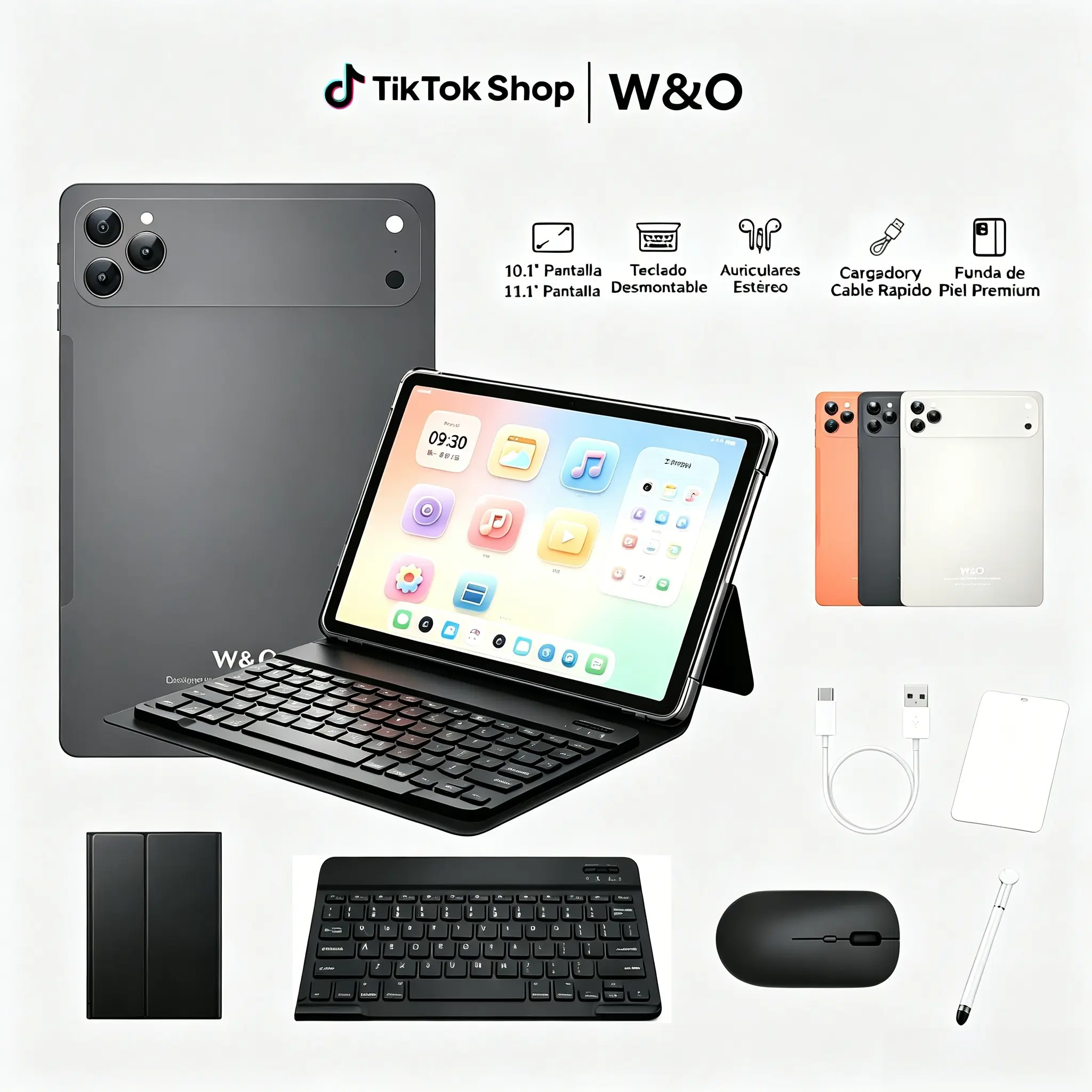 W&O X26 Max Android Tablet 11.1 Inch Touchscreen, 12GB RAM 256GB ROM (Expandable), Android 15 Octa-Core Processor, 20MP+8MP Cameras, Dual Band WiFi, USB-C, Complete Work & School Bundle with Keyboard Mouse Case Stylus Earphones