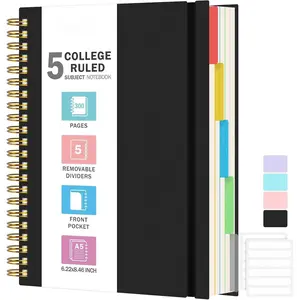 5 Subject Notebooks College Ruled, Spiral Lined Notebook with Removable Dividers, 300 Pages 100GSM Thick Spiral Writing Journal for Women & Men, Large A5 Notebooks for Work, School Supplies, 6" x 8"
