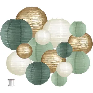 15pcs Round Hanging Decorative Paper Lanterns Gold/Ivory/Sage Green Decorations for Rustic Party Bridal Shower Wedding Birthday Party Supplies