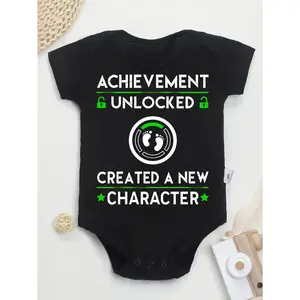 Cute Baby Bodysuit With Achievement Unlocked Created A New Character Print Soft Versatile Round Neck Button Detail Regular Fit All Seasons Knitted Fabric Onesie For 0-12 Months