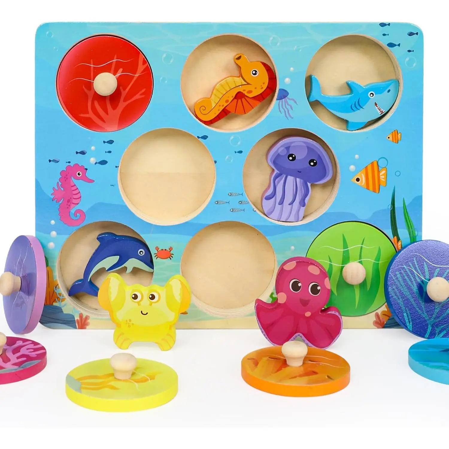 Z-ITC5 Montessori Wooden Puzzle for Toddlers 1-3, Wooden Toy for 2+ Year Old, 1 Year Old Boy and Girl Gifts, Baby Puzzle for Toddlers Age 1-2 (8.6inches, Sea Animal)