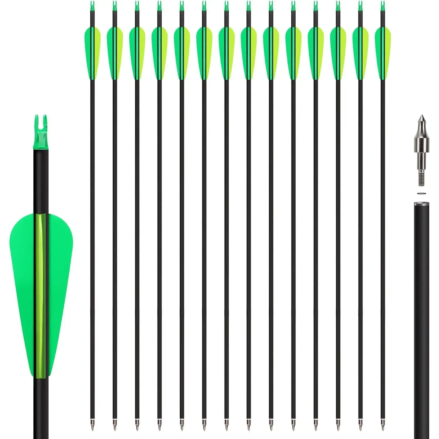 14 Pack 30" Archery Carbon Arrows Practice Hunting Arrows with Removable Tips Shaft Spine 500 Suitable for Recurve Bows