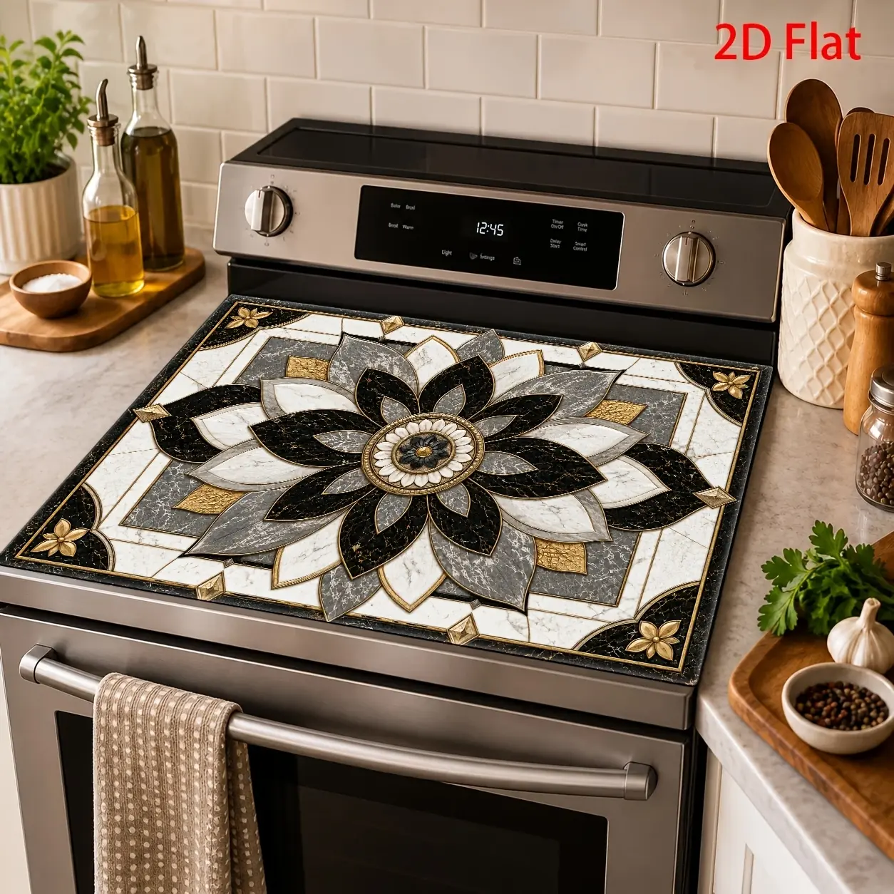 Vintage Gold Trim Mandala Stove Cover Mat, 2D Flat Heat Resistant Linen Kitchen Protector, Reusable Easy Clean Mat for Induction & Gas Stoves, Oven, Washer & Dryer, Kitchen Countertop & Dining Table Decor, 11.8 x 17.7 Inch