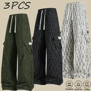 Trendy Jacquard Quick Dry Cargo Pants for Men Lightweight Breathable Elastic Waist Loose Fit All Match Streetwear Outdoor Wide Leg Trousers