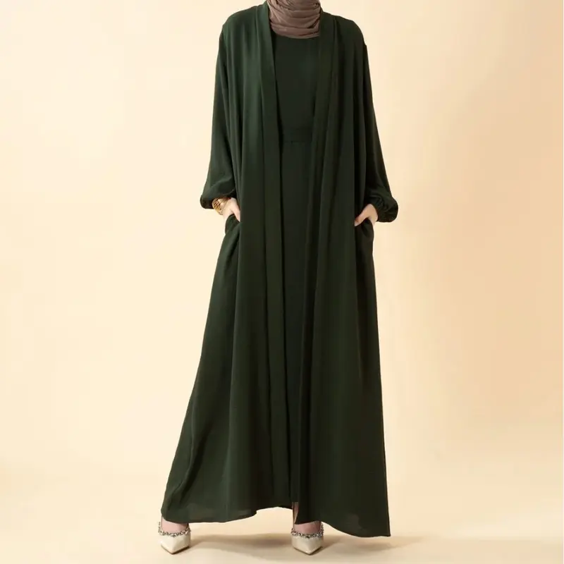 Women's Modest 3-Piece Conservative Abaya Set MOA092 - Plain Solid Color, Elegant Loose Open-Front Long Sleeve, Breathable Full-Length Jilbab, Sleeveless Inner, Practical Pockets, Summer Hijabi Daily Outfit