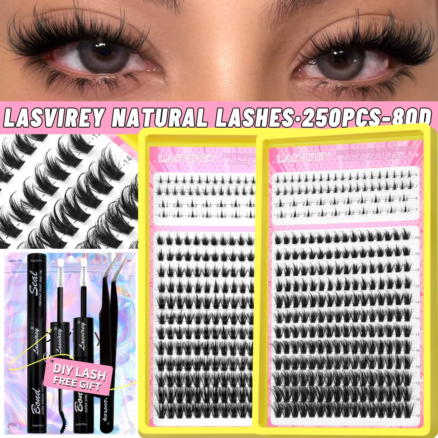 LASVIREY 16 Rows Medusa Eyelashes Soft Individual Lashes 5D C Curl Lashes Natural Makeup Lash Clusters Wispy Spiky Lash Clusters 10-18mm Mix Length Faux Mink Lashes, False Eyelash Extensions With Makeup Tool,DIY Lash Extension Kit,Winged End Eye Elongated