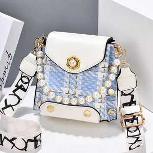 Women's Mini plaid crossbody Bag with Pearl trim, Flip Mini Shoulder Bag, Classic Shoulder Bag, Band strap