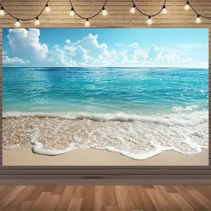 1pc Beach Theme Background Banner with Clear Blue Sea, Sandy Beach, and White Clouds | Ideal for Summer Parties, Weddings, and Beach Decor - Durable Polyester, Available in Multiple Sizes