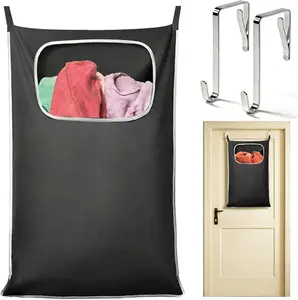 Over the Door Laundry Hamper, Hanging Laundry Hamper Bag with Wide Opening and Full-Length Zipper, Easy Storage & Access, Space Saving for Bathroom, Bedroom, Dorm, Travel (Black)