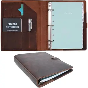 2025-2026 Leather Planner 5.5"x8.5" with 3-Ring Leather Binder, July 2025 to June 2026 Weekly & Monthly Pages, Interior Pockets, Refillable