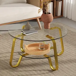 31.5" Round Glass Coffee Table with Metal Legs & Lower Shelf, Modern Double-Layer Tempered Glass Coffee Table for Living Room Small Space, Gold