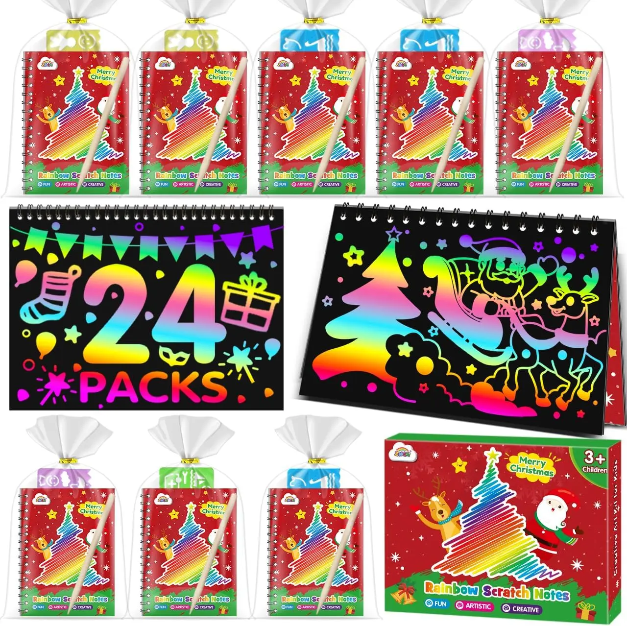 Rainbow Scratch Party Favors Kids: Classroom Birthday Gifts Toy Bulk Scratch Art Notebook 24 Pack Goodie Bags Stuffers Girls Boys Classroom Prizes Student School Stocking Stuffers (Christmas)
