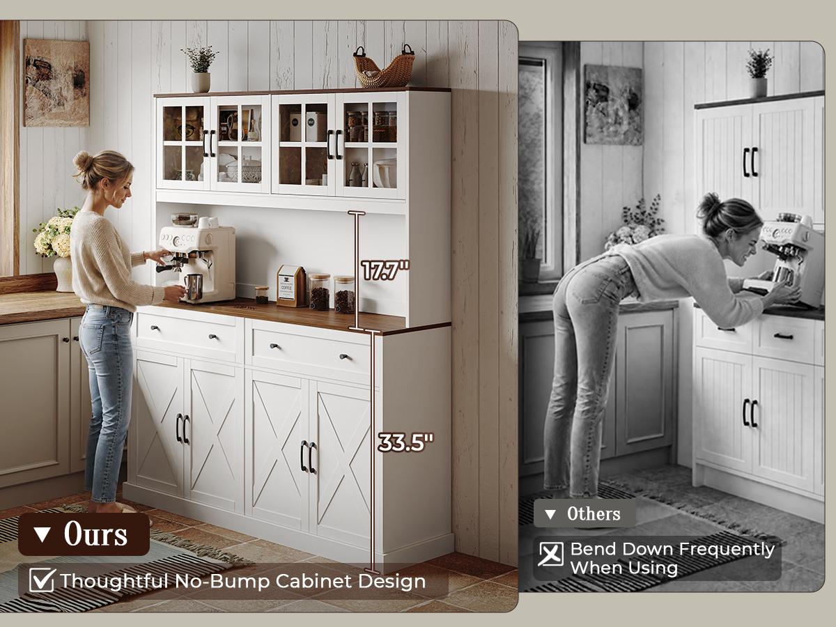 【2 Packages Shipping】PRAISUN 71''H x 55.1''W Pantry Cabinet with Charging Station, 4 Wide Cabinets Kitchen Pantry with 2 Drawers, Farmhouse Hutch Storage Cabinet, Tall Coffee Bar, Acrylic Door, Adjustable Shelves