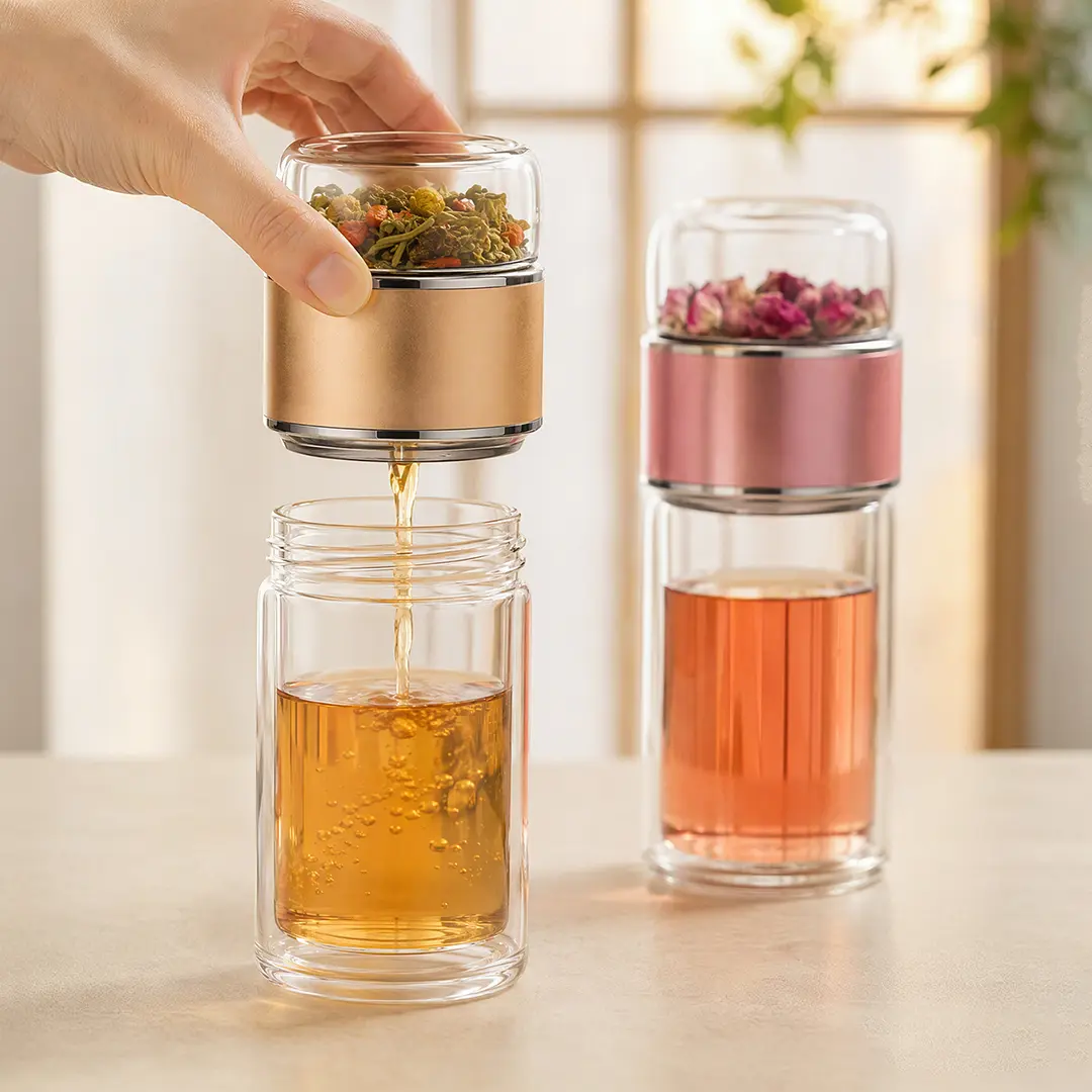 Glass Tea Infuser Cup with Strainer, Double Wall Borosilicate Glass Tea Tumbler, Portable Tea Brewing Bottle for Loose Leaf & Flower Tea, Rose Gold/Champagne Gold