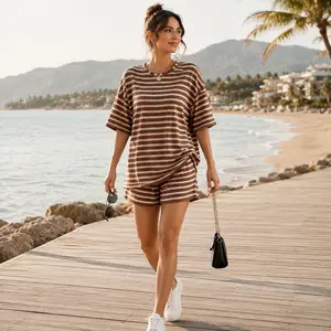 Women Relaxed Striped Knit Loungewear Simple Chic Tee Shorts Travel Daily Suit