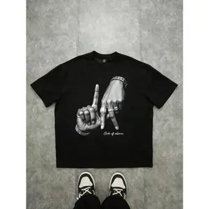 Code of Silence LA Hand Sign Hip Hop Oversized T-Shirt Iced Out Ring Graphic Tee Casual Streetwear For Men Women