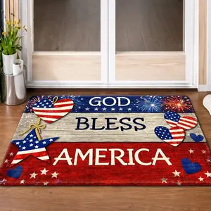 God Bless America Independence Day Doormat American Flag Heart Star Non Slip Wear Resistant Indoor Outdoor Entrance Rug