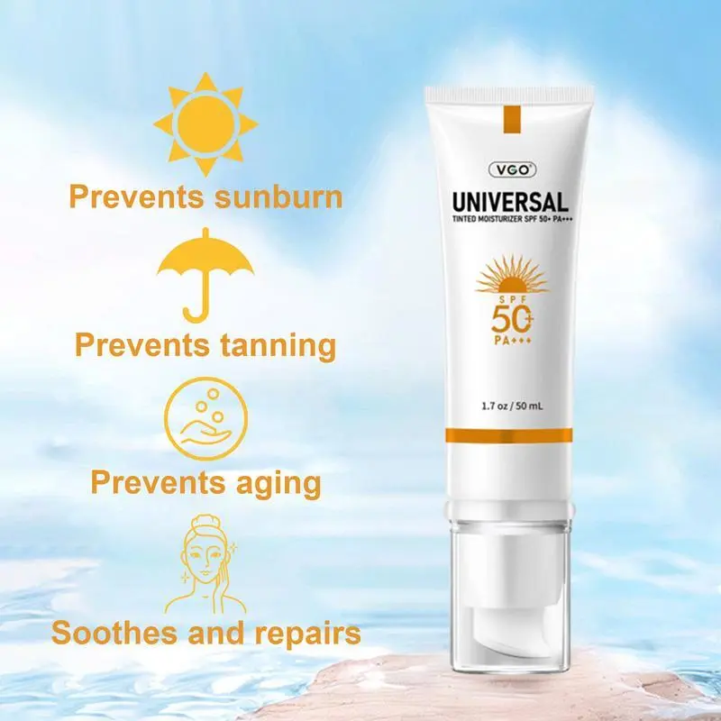 VGO SPF 50 PA+++ 50g Tinted Sunscreen for Face Alll-in-one Sunscreen and Foundation Prevent Sunburn and Tanning Suitable for All Skin Types Ideal for Skin Protection and Skin Care Comfort Ideal for Outdoor Activities Daily Use for All Ages