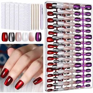 6 Colors Cat Eye Press on Nails, Short Square Natural Fake Nails Kit with Fine Diamond Shine & Glossy Ombre, Salon Quality Artificial Nails for Women