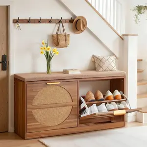 VEVOR Shoe Storage Bench, Rattan Entryway Bench with Coat Rack Padded Cushion, Shoe Cabinet Holds up to 440 lbs, 38.9x 9.4x19.7 Inche for Hallway, Living Room, BedroomVEVOR Super Brand Day