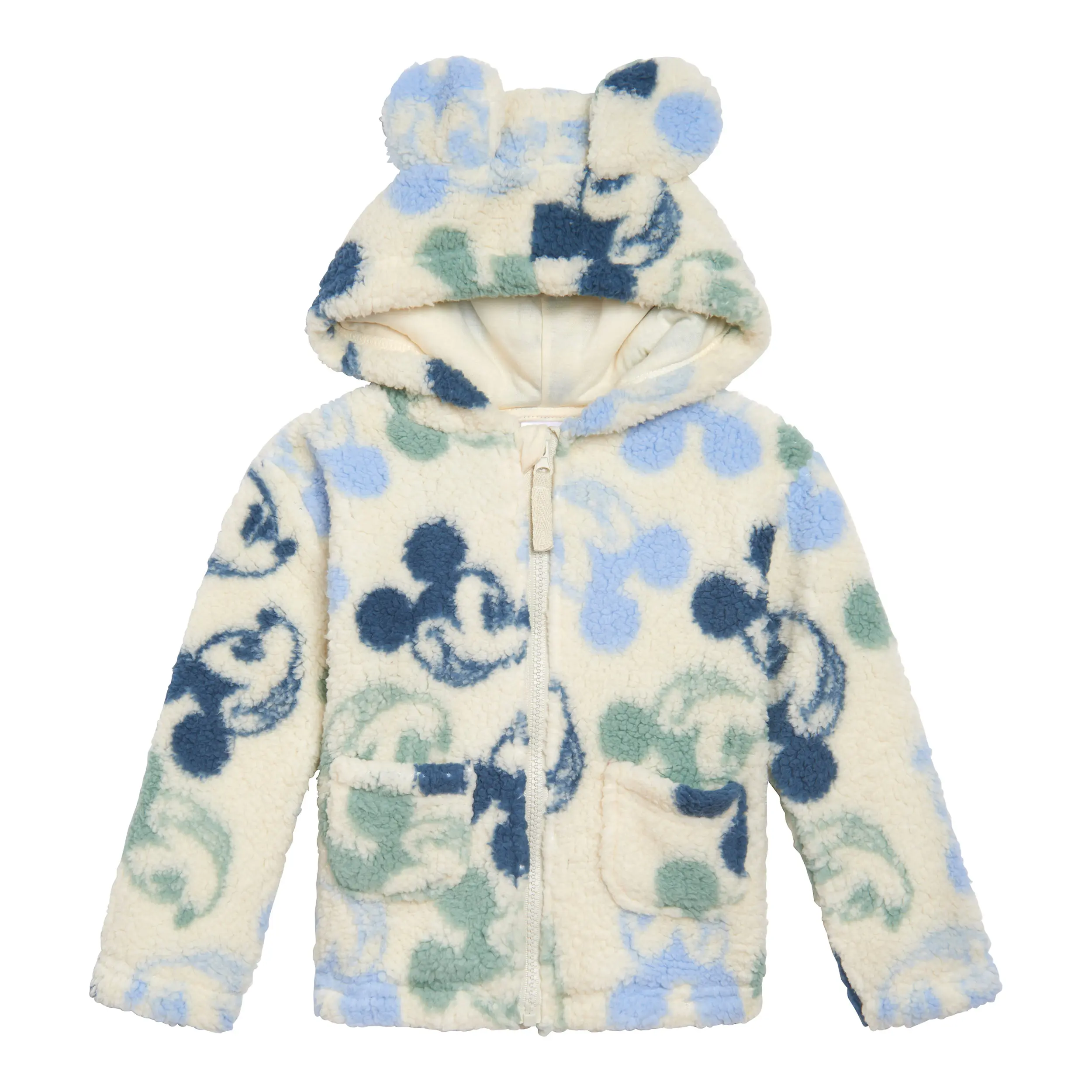 Disney Baby Boy Mickey Mouse Hooded Sherpa Fleece Outerwear Coat, 3D Ears Hood, Allover Print, Full Zipper, Jersey Liner, Long Sleeve Tops, Snug, CPSIA Safe, 0-3 Months (Baby Boy Clothes)