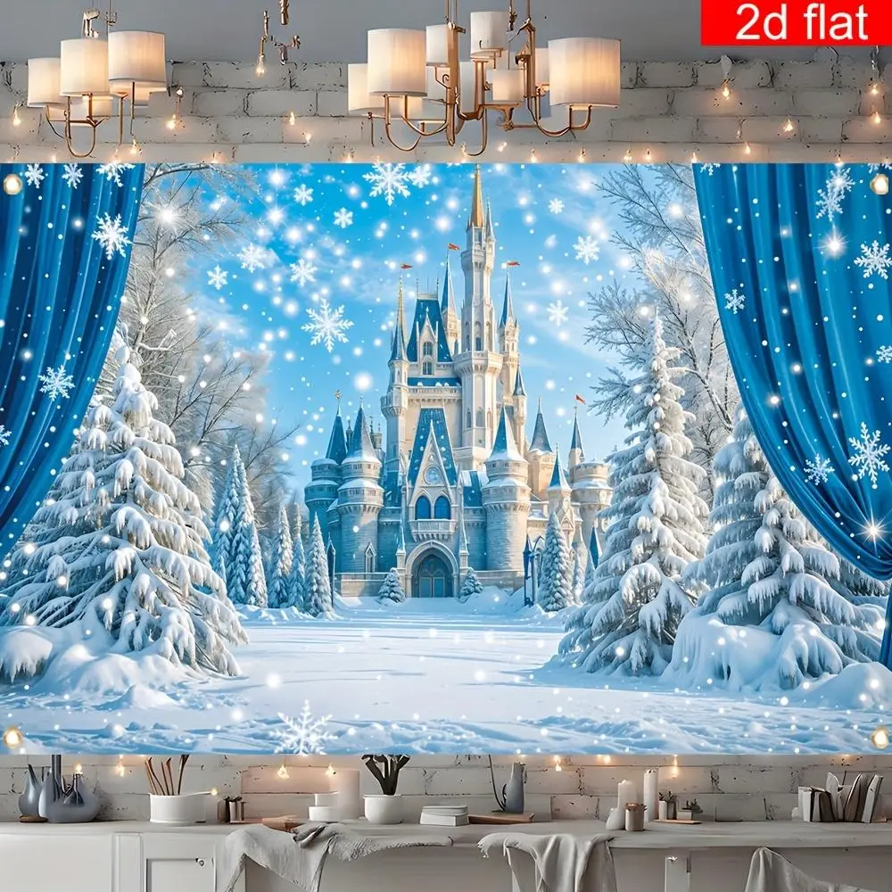 1pc Polyester 2D Flat Winter Wonderland Banner - Ice and Castle Blue Photography Backdrop, Happy Birthday Wall Decor for Christmas, New Year Home Festive & Party Supplies