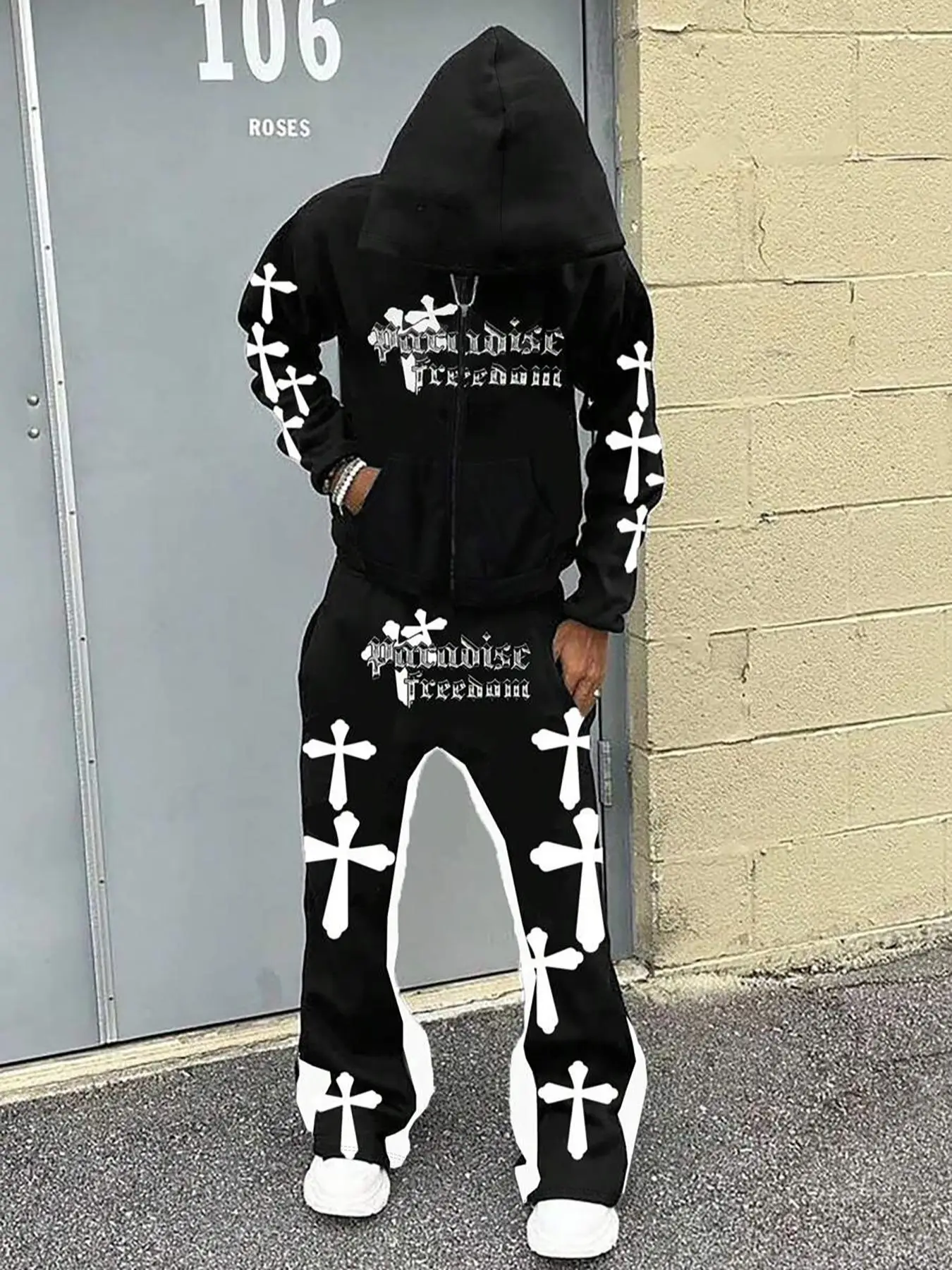 Men's Cross Print Zip Up Longsleeves Hoodie & Drawstring Waist Pants, Loose Fashion Casual Pocket Hooded Sweatshirt & Trousers for Daily Outdoor Wear,