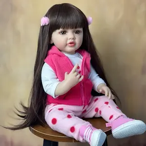Reborn Doll 22inch with Long Straight Wig, Pink Outfit & Accessories, Realistic Full-Body Soft Material Doll for Youngsters 3+