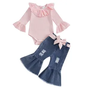 Calsunbaby Infant Baby Girls Long Sleeve Lace Solid Romper Flare Denim Jeans Pants Newborn Cute 2Pcs Fall Outfits