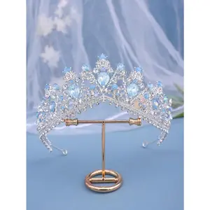1pc Silver Baroque Style Bridal Crown With Blue Rhinestone, For Wedding, Party, Dance, Prom, Hair Accessory Elegant Royal Tiaras