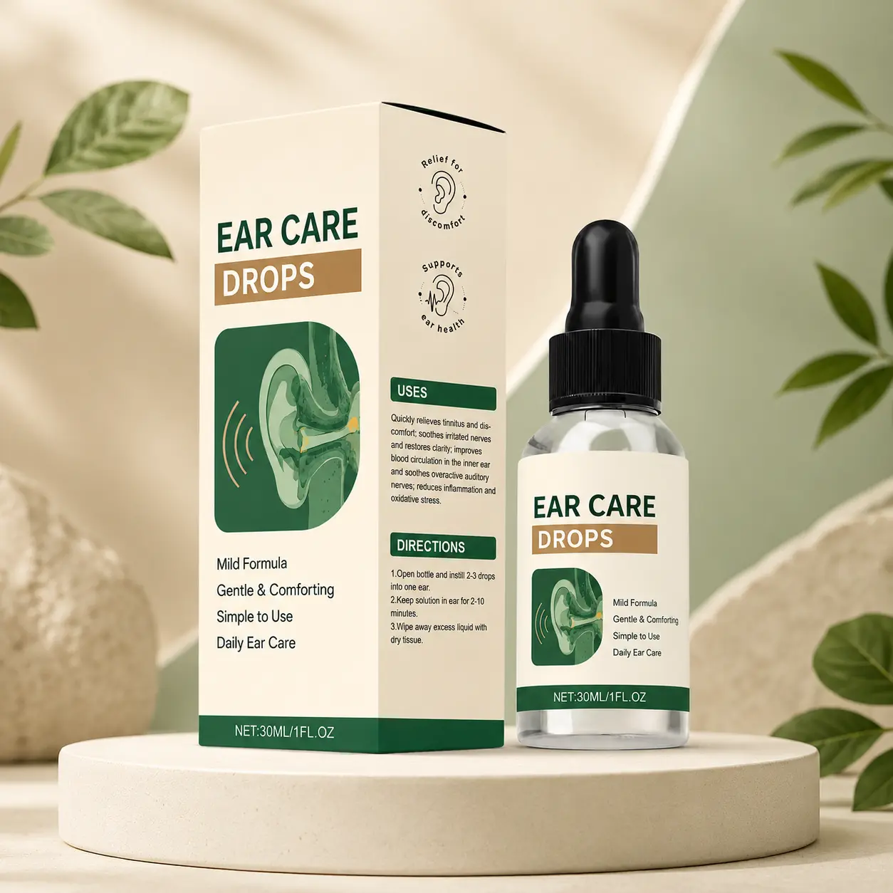 30 mL Ear Care Drops, Mild Formula with Witch Hazel, Sophora Root, Safflower & Glycerin, Easy-to-Use Portable Dropper for Daily Ear Care
